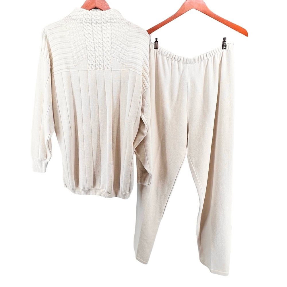 Vtg Courtney Rhodes Wool Blend Knit Sweater Pant Set Sz L Cream Cable Knit